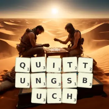 Kreative Illustration für ein Scrabble-Spiel, bei dem das Wort QUITTUNGSBUCH mit Steinen auf dem Brett gelegt wurde.