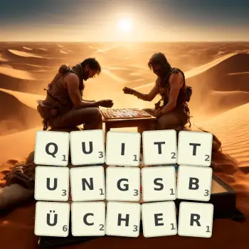 Kreative Illustration für ein Scrabble-Spiel, bei dem das Wort QUITTUNGSBÜCHER mit Steinen auf dem Brett gelegt wurde.