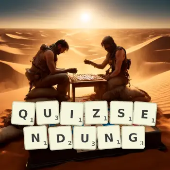 Kreative Illustration für ein Scrabble-Spiel, bei dem das Wort QUIZSENDUNG mit Steinen auf dem Brett gelegt wurde.