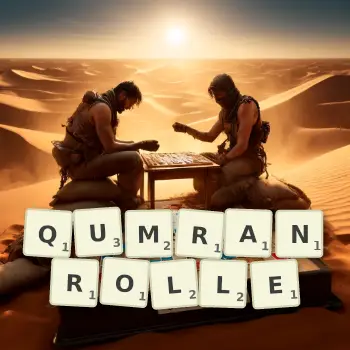 Kreative Illustration für ein Scrabble-Spiel, bei dem das Wort QUMRANROLLE mit Steinen auf dem Brett gelegt wurde.