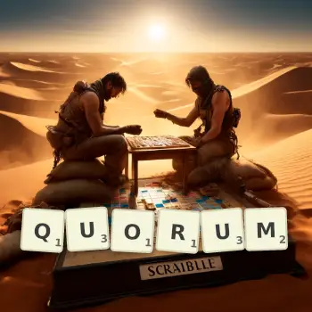 Kreative Illustration für ein Scrabble-Spiel, bei dem das Wort QUORUM mit Steinen auf dem Brett gelegt wurde.