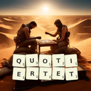 Kreative Illustration für ein Scrabble-Spiel, bei dem das Wort QUOTIERTET mit Steinen auf dem Brett gelegt wurde.