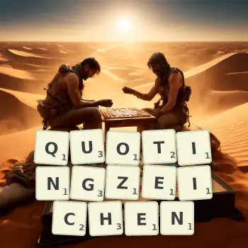 Kreative Illustration für ein Scrabble-Spiel, bei dem das Wort QUOTINGZEICHEN mit Steinen auf dem Brett gelegt wurde.