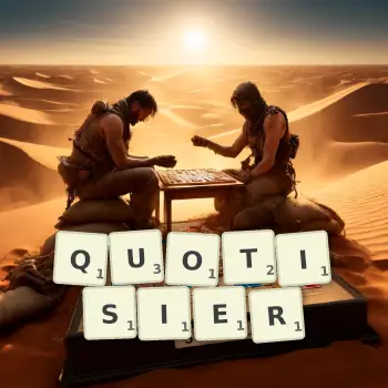 Kreative Illustration für ein Scrabble-Spiel, bei dem das Wort QUOTISIER mit Steinen auf dem Brett gelegt wurde.