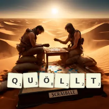Kreative Illustration für ein Scrabble-Spiel, bei dem das Wort QUÖLLT mit Steinen auf dem Brett gelegt wurde.