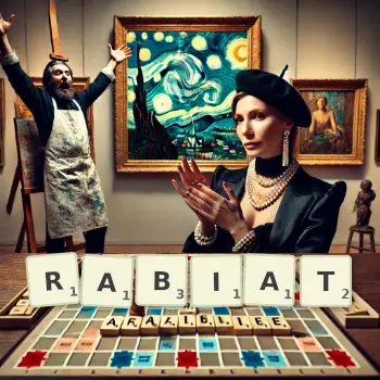 Kreative Illustration für ein Scrabble-Spiel, bei dem das Wort RABIAT mit Steinen auf dem Brett gelegt wurde.
