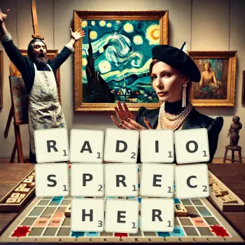 Kreative Illustration für ein Scrabble-Spiel, bei dem das Wort RADIOSPRECHER mit Steinen auf dem Brett gelegt wurde.