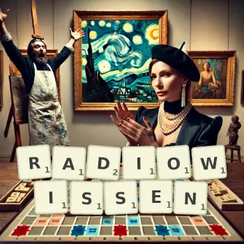 Kreative Illustration für ein Scrabble-Spiel, bei dem das Wort RADIOWISSEN mit Steinen auf dem Brett gelegt wurde.