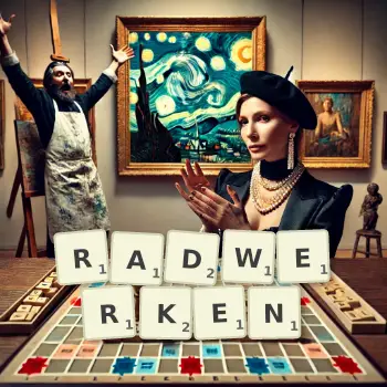 Kreative Illustration für ein Scrabble-Spiel, bei dem das Wort RADWERKEN mit Steinen auf dem Brett gelegt wurde.