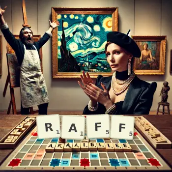 Kreative Illustration für ein Scrabble-Spiel, bei dem das Wort RAFF mit Steinen auf dem Brett gelegt wurde.