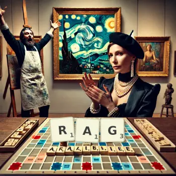 Kreative Illustration für ein Scrabble-Spiel, bei dem das Wort RAG mit Steinen auf dem Brett gelegt wurde.