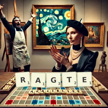 Kreative Illustration für ein Scrabble-Spiel, bei dem das Wort RAGTE mit Steinen auf dem Brett gelegt wurde.