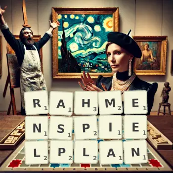 Kreative Illustration für ein Scrabble-Spiel, bei dem das Wort RAHMENSPIELPLAN mit Steinen auf dem Brett gelegt wurde.