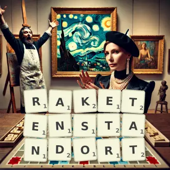Kreative Illustration für ein Scrabble-Spiel, bei dem das Wort RAKETENSTANDORT mit Steinen auf dem Brett gelegt wurde.