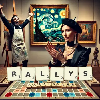 Kreative Illustration für ein Scrabble-Spiel, bei dem das Wort RALLYS mit Steinen auf dem Brett gelegt wurde.