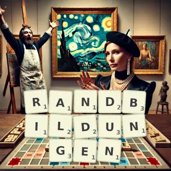 Kreative Illustration für ein Scrabble-Spiel, bei dem das Wort RANDBILDUNGEN mit Steinen auf dem Brett gelegt wurde.