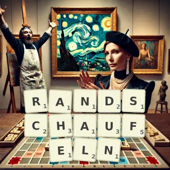 Kreative Illustration für ein Scrabble-Spiel, bei dem das Wort RANDSCHAUFELN mit Steinen auf dem Brett gelegt wurde.