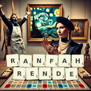 Kreative Illustration für ein Scrabble-Spiel, bei dem das Wort RANFAHRENDE mit Steinen auf dem Brett gelegt wurde.
