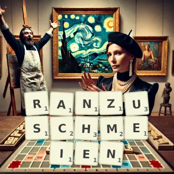 Kreative Illustration für ein Scrabble-Spiel, bei dem das Wort RANZUSCHMEIEN mit Steinen auf dem Brett gelegt wurde.