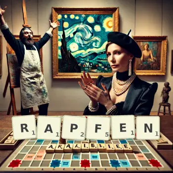 Kreative Illustration für ein Scrabble-Spiel, bei dem das Wort RAPFEN mit Steinen auf dem Brett gelegt wurde.