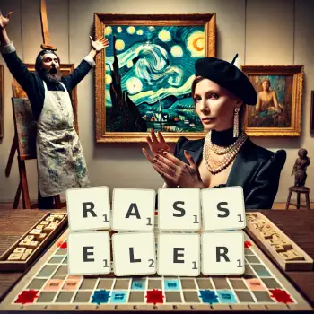 Kreative Illustration für ein Scrabble-Spiel, bei dem das Wort RASSELER mit Steinen auf dem Brett gelegt wurde.