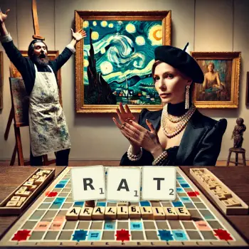 Kreative Illustration für ein Scrabble-Spiel, bei dem das Wort RAT mit Steinen auf dem Brett gelegt wurde.