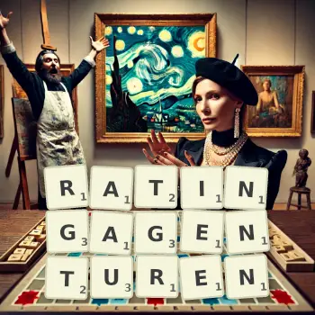 Kreative Illustration für ein Scrabble-Spiel, bei dem das Wort RATINGAGENTUREN mit Steinen auf dem Brett gelegt wurde.