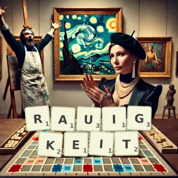 Kreative Illustration für ein Scrabble-Spiel, bei dem das Wort RAUIGKEIT mit Steinen auf dem Brett gelegt wurde.