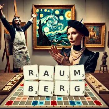 Kreative Illustration für ein Scrabble-Spiel, bei dem das Wort RAUMBERG mit Steinen auf dem Brett gelegt wurde.