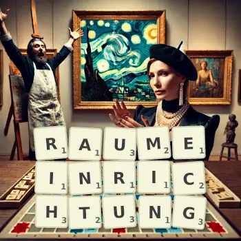Kreative Illustration für ein Scrabble-Spiel, bei dem das Wort RAUMEINRICHTUNG mit Steinen auf dem Brett gelegt wurde.