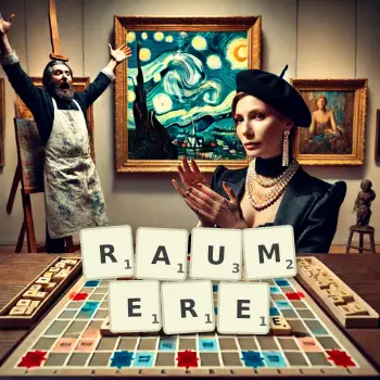 Kreative Illustration für ein Scrabble-Spiel, bei dem das Wort RAUMERE mit Steinen auf dem Brett gelegt wurde.