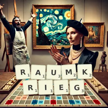 Kreative Illustration für ein Scrabble-Spiel, bei dem das Wort RAUMKRIEG mit Steinen auf dem Brett gelegt wurde.