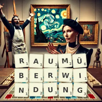 Kreative Illustration für ein Scrabble-Spiel, bei dem das Wort RAUMÜBERWINDUNG mit Steinen auf dem Brett gelegt wurde.