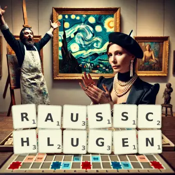 Kreative Illustration für ein Scrabble-Spiel, bei dem das Wort RAUSSCHLUGEN mit Steinen auf dem Brett gelegt wurde.