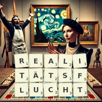 Kreative Illustration für ein Scrabble-Spiel, bei dem das Wort REALITÄTSFLUCHT mit Steinen auf dem Brett gelegt wurde.