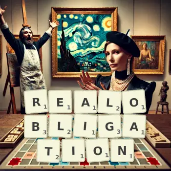 Kreative Illustration für ein Scrabble-Spiel, bei dem das Wort REALOBLIGATION mit Steinen auf dem Brett gelegt wurde.