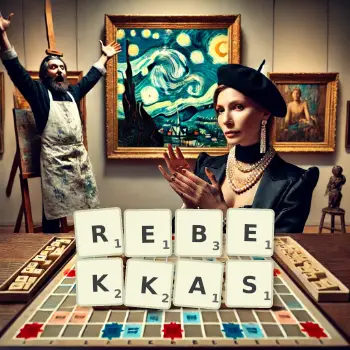 Kreative Illustration für ein Scrabble-Spiel, bei dem das Wort REBEKKAS mit Steinen auf dem Brett gelegt wurde.