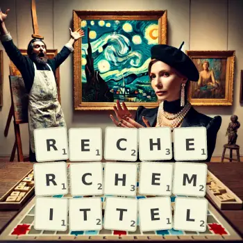 Kreative Illustration für ein Scrabble-Spiel, bei dem das Wort RECHERCHEMITTEL mit Steinen auf dem Brett gelegt wurde.