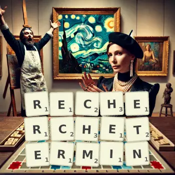 Kreative Illustration für ein Scrabble-Spiel, bei dem das Wort RECHERCHETERMIN mit Steinen auf dem Brett gelegt wurde.