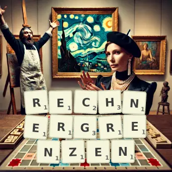 Kreative Illustration für ein Scrabble-Spiel, bei dem das Wort RECHNERGRENZEN mit Steinen auf dem Brett gelegt wurde.