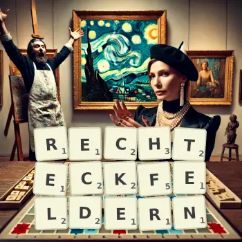 Kreative Illustration für ein Scrabble-Spiel, bei dem das Wort RECHTECKFELDERN mit Steinen auf dem Brett gelegt wurde.