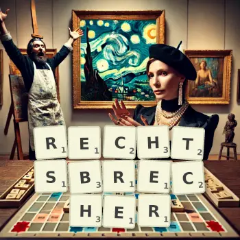 Kreative Illustration für ein Scrabble-Spiel, bei dem das Wort RECHTSBRECHER mit Steinen auf dem Brett gelegt wurde.