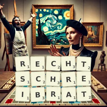 Kreative Illustration für ein Scrabble-Spiel, bei dem das Wort RECHTSCHREIBRAT mit Steinen auf dem Brett gelegt wurde.