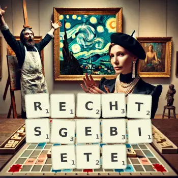 Kreative Illustration für ein Scrabble-Spiel, bei dem das Wort RECHTSGEBIETE mit Steinen auf dem Brett gelegt wurde.