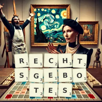 Kreative Illustration für ein Scrabble-Spiel, bei dem das Wort RECHTSGEBOTES mit Steinen auf dem Brett gelegt wurde.