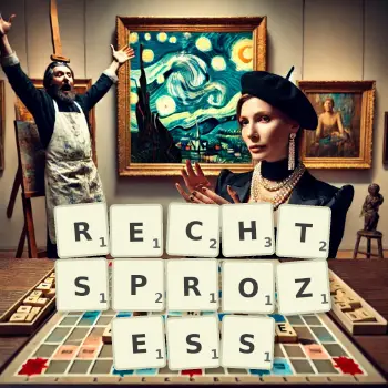 Kreative Illustration für ein Scrabble-Spiel, bei dem das Wort RECHTSPROZESS mit Steinen auf dem Brett gelegt wurde.