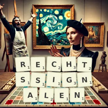Kreative Illustration für ein Scrabble-Spiel, bei dem das Wort RECHTSSIGNALEN mit Steinen auf dem Brett gelegt wurde.