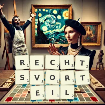 Kreative Illustration für ein Scrabble-Spiel, bei dem das Wort RECHTSVORTEIL mit Steinen auf dem Brett gelegt wurde.