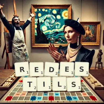 Kreative Illustration für ein Scrabble-Spiel, bei dem das Wort REDESTILS mit Steinen auf dem Brett gelegt wurde.