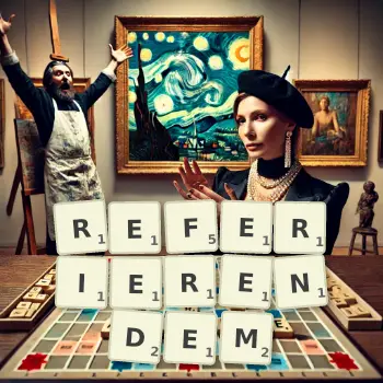 Kreative Illustration für ein Scrabble-Spiel, bei dem das Wort REFERIERENDEM mit Steinen auf dem Brett gelegt wurde.